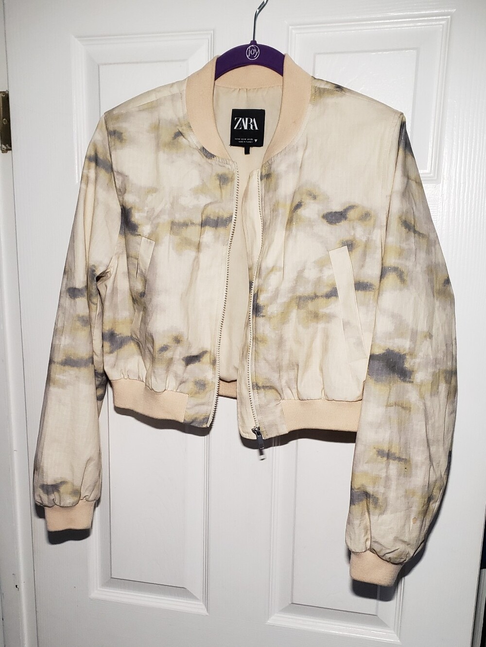 Zara Medium Tie Dye Watercolor Blue Cream Bomber Cropped Jacket